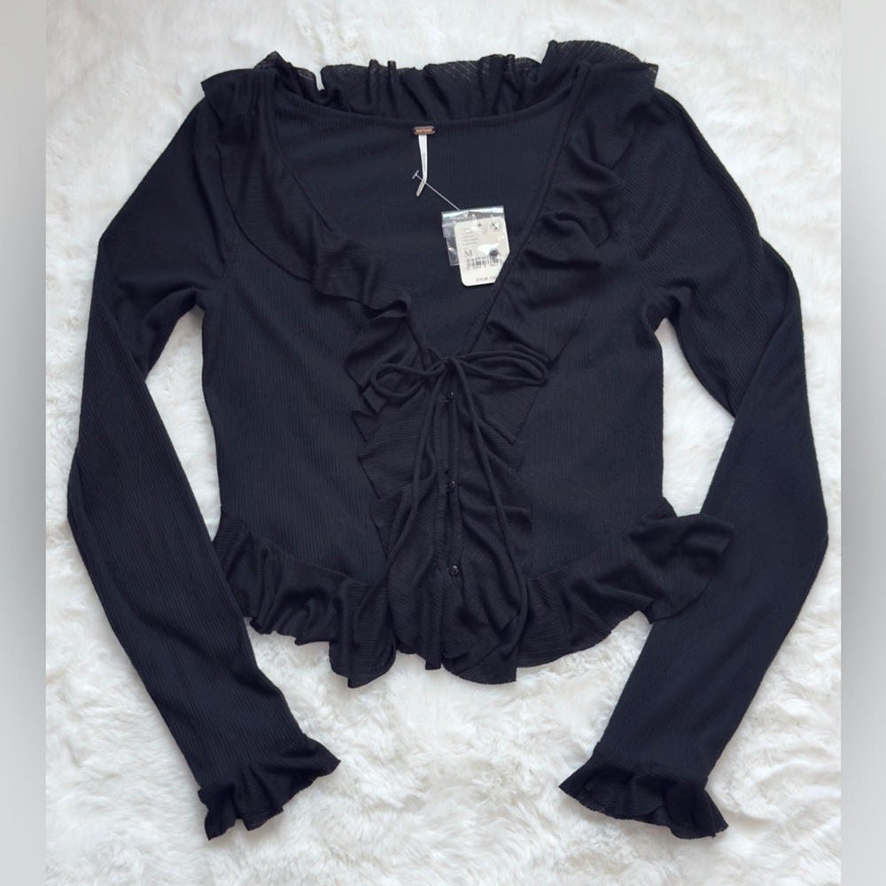 NWT Free People Ophelia Ribbed Button-Up Ruffled Long Sleeve Top